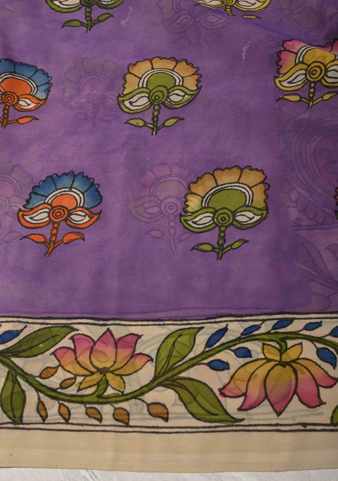 Panchvati Celestial Forest Theme :  Authentic Pen Kalamkari on Pure Banarasi Georgette Saree with Border | SILK MARK CERTIFIED