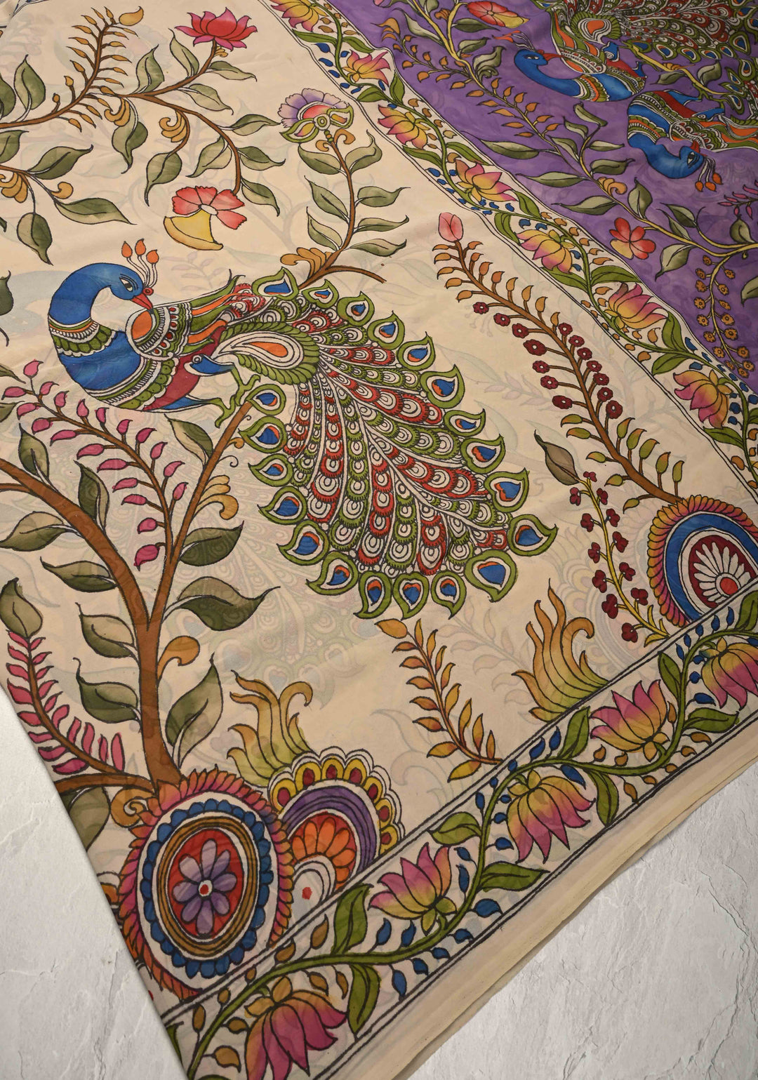 Panchvati Celestial Forest Theme :  Authentic Pen Kalamkari on Pure Banarasi Georgette Saree with Border | SILK MARK CERTIFIED