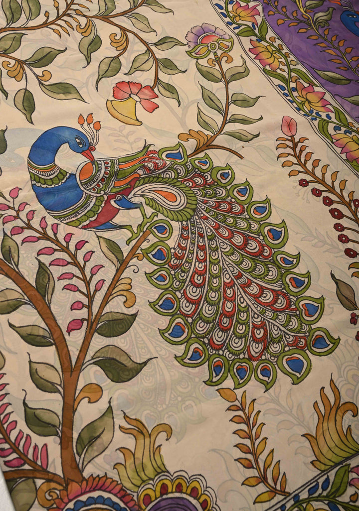Panchvati Celestial Forest Theme :  Authentic Pen Kalamkari on Pure Banarasi Georgette Saree with Border | SILK MARK CERTIFIED