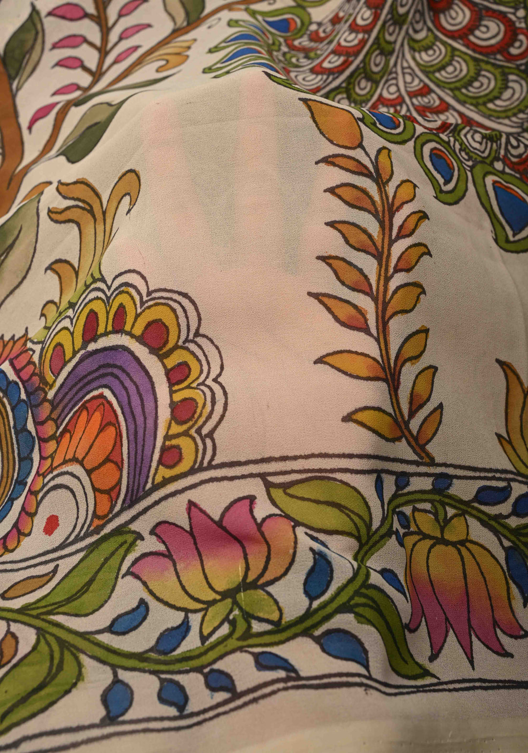 Panchvati Celestial Forest Theme :  Authentic Pen Kalamkari on Pure Banarasi Georgette Saree with Border | SILK MARK CERTIFIED
