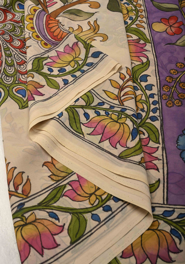 Panchvati Celestial Forest Theme :  Authentic Pen Kalamkari on Pure Banarasi Georgette Saree with Border | SILK MARK CERTIFIED