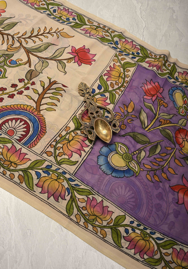 Panchvati Celestial Forest Theme :  Authentic Pen Kalamkari on Pure Banarasi Georgette Saree with Border | SILK MARK CERTIFIED