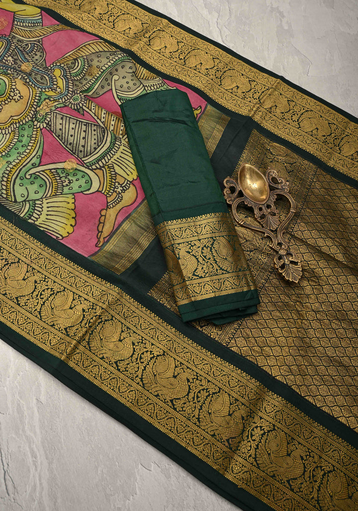 Pichwai and Srinathji  Authentic Pen Kalamkari on Pure Kanjivaram Silk Saree with Zari Border | SILK MARK CERTIFIED