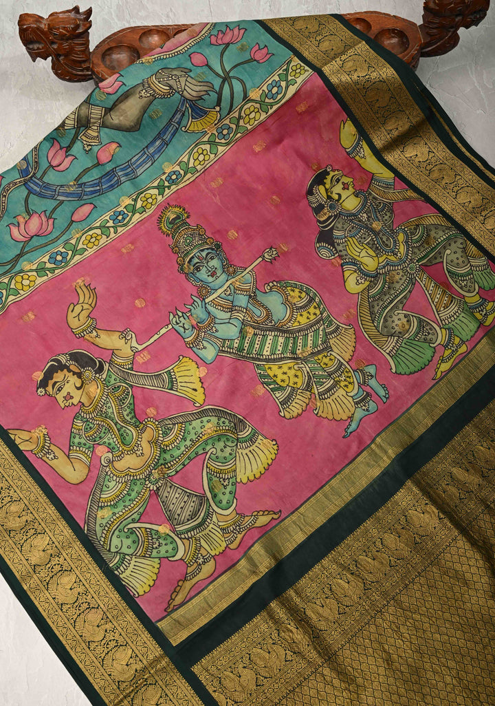 Pichwai and Srinathji  Authentic Pen Kalamkari on Pure Kanjivaram Silk Saree with Zari Border | SILK MARK CERTIFIED