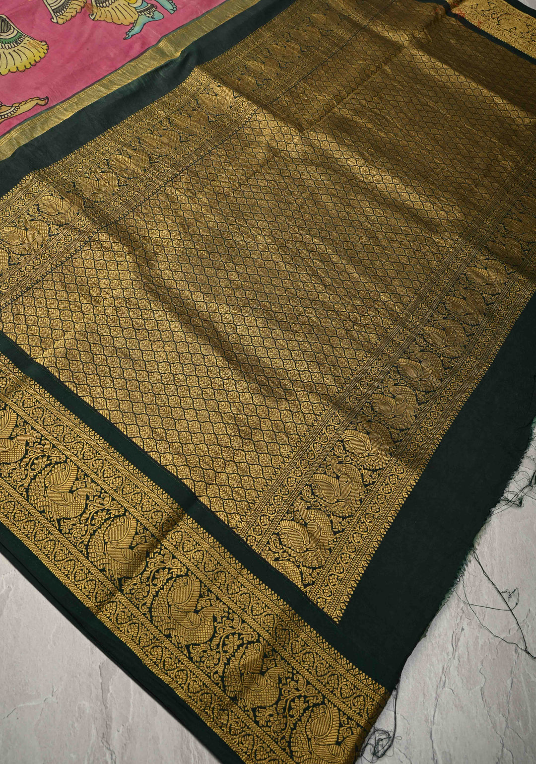 Pichwai and Srinathji  Authentic Pen Kalamkari on Pure Kanjivaram Silk Saree with Zari Border | SILK MARK CERTIFIED
