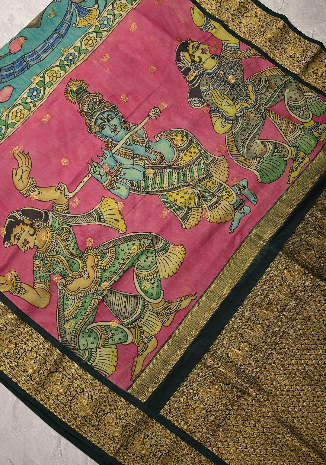 Pichwai and Srinathji  Authentic Pen Kalamkari on Pure Kanjivaram Silk Saree with Zari Border | SILK MARK CERTIFIED