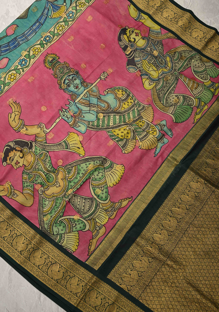 Pichwai and Srinathji  Authentic Pen Kalamkari on Pure Kanjivaram Silk Saree with Zari Border | SILK MARK CERTIFIED