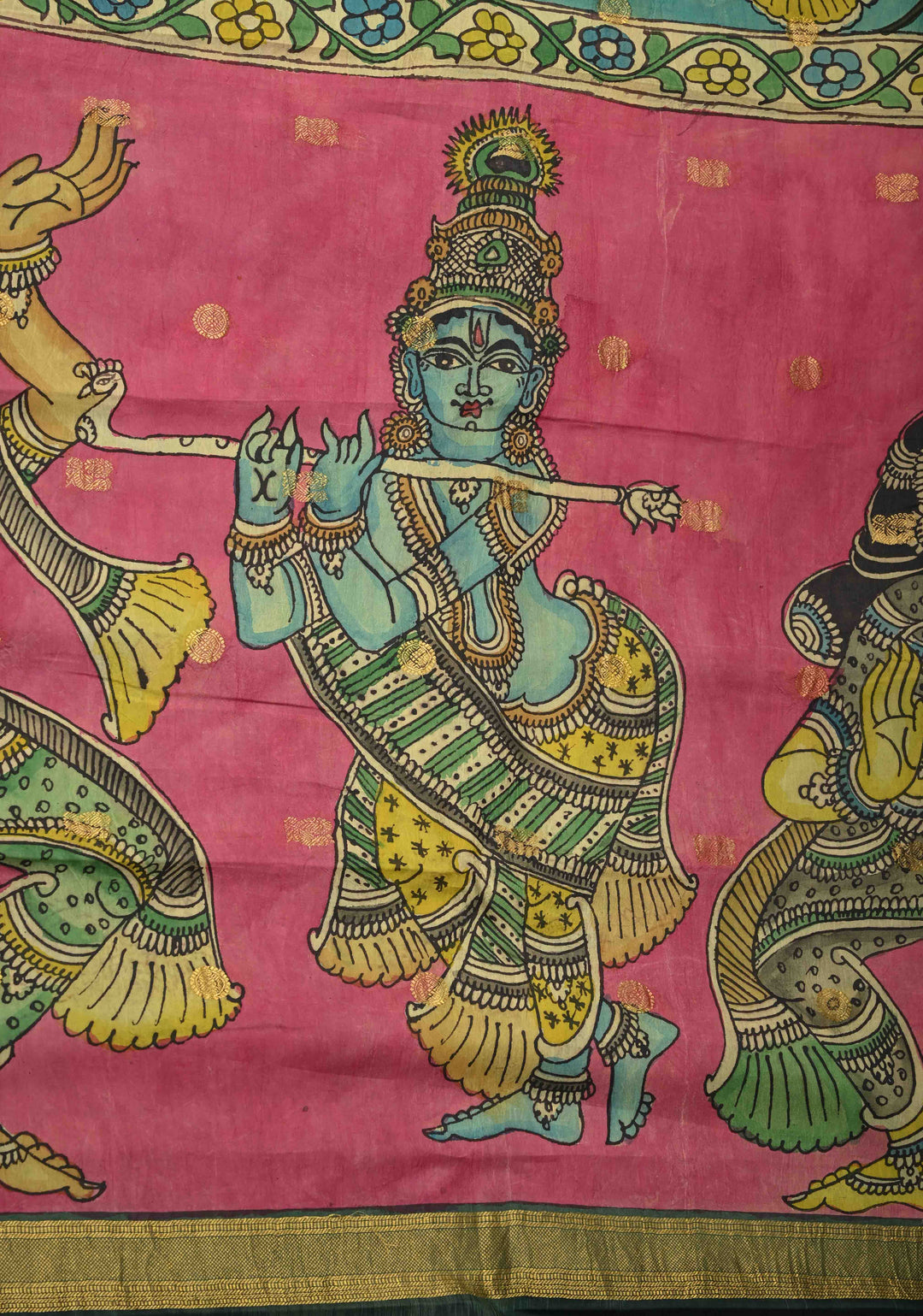 Pichwai and Srinathji  Authentic Pen Kalamkari on Pure Kanjivaram Silk Saree with Zari Border | SILK MARK CERTIFIED