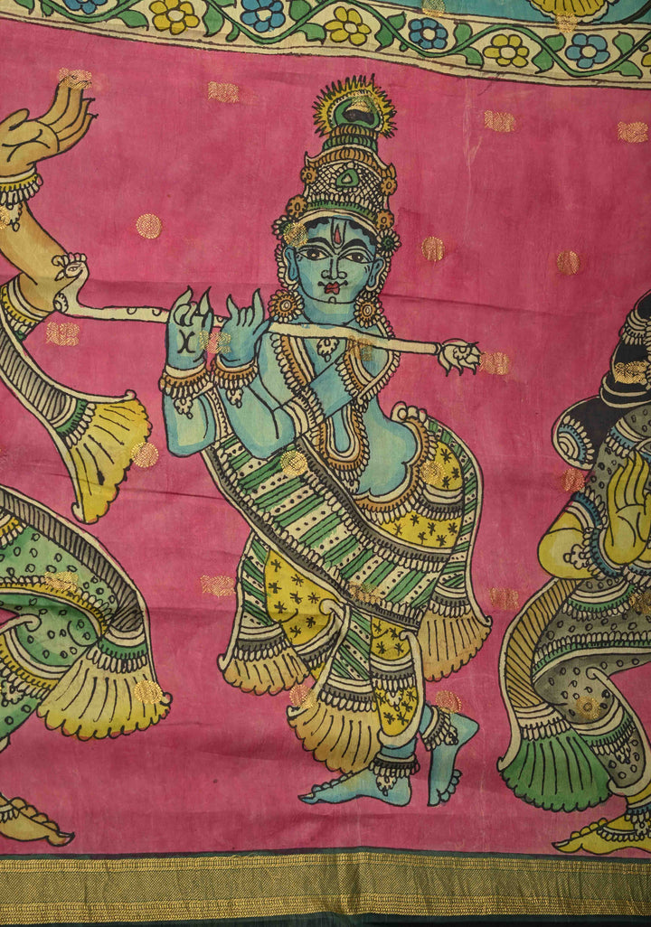 Pichwai and Srinathji  Authentic Pen Kalamkari on Pure Kanjivaram Silk Saree with Zari Border | SILK MARK CERTIFIED