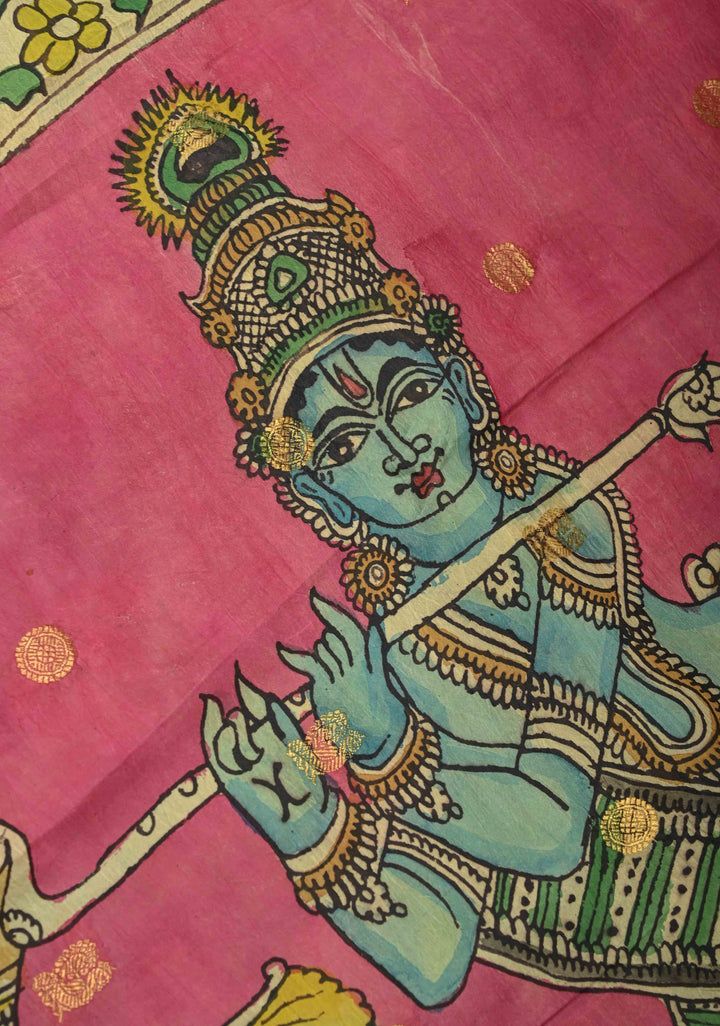 Pichwai and Srinathji  Authentic Pen Kalamkari on Pure Kanjivaram Silk Saree with Zari Border | SILK MARK CERTIFIED