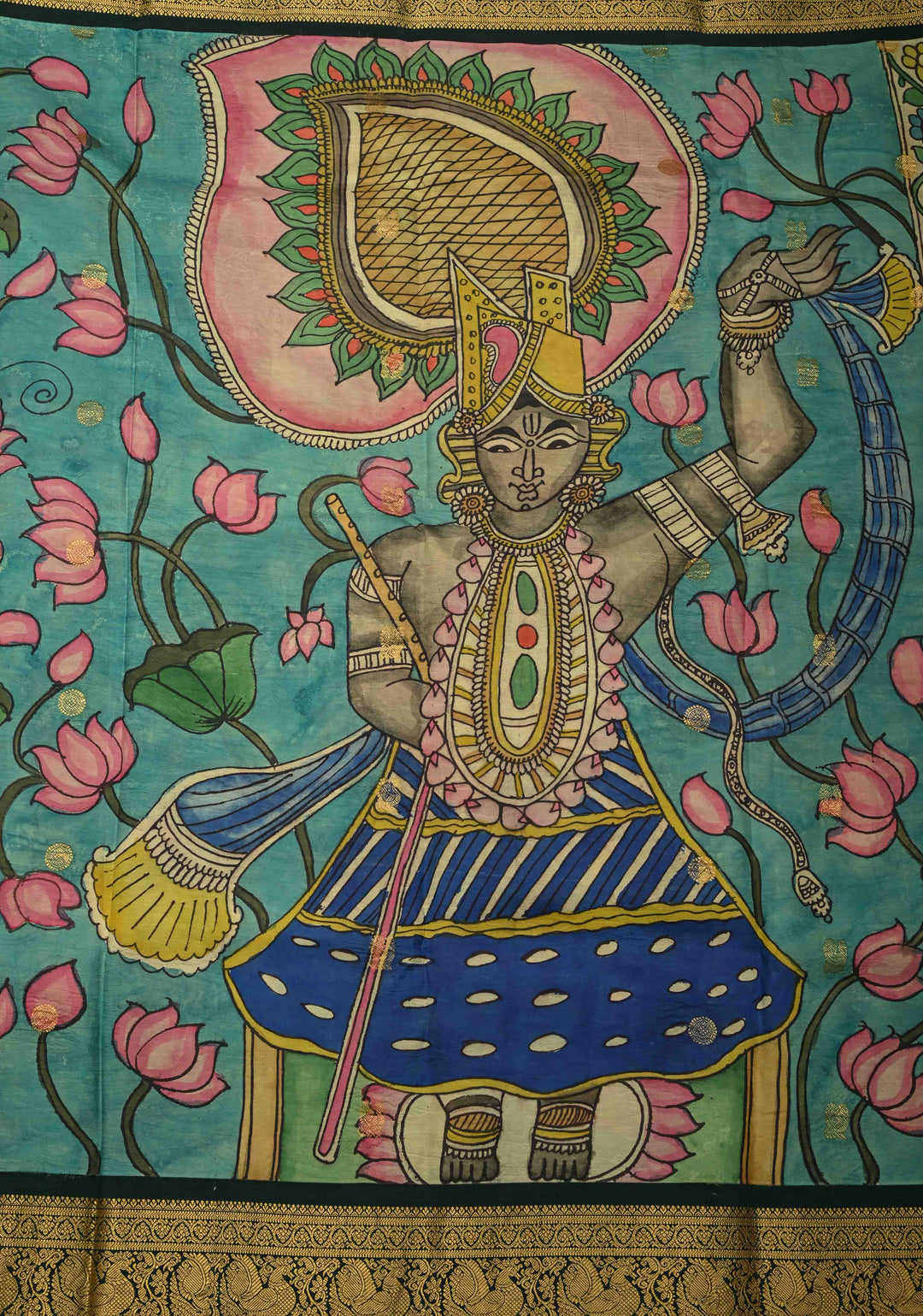 Pichwai and Srinathji  Authentic Pen Kalamkari on Pure Kanjivaram Silk Saree with Zari Border | SILK MARK CERTIFIED
