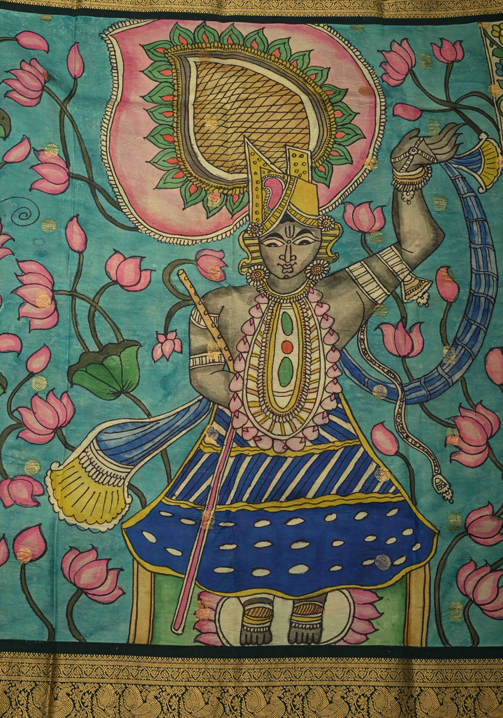 Pichwai and Srinathji  Authentic Pen Kalamkari on Pure Kanjivaram Silk Saree with Zari Border | SILK MARK CERTIFIED