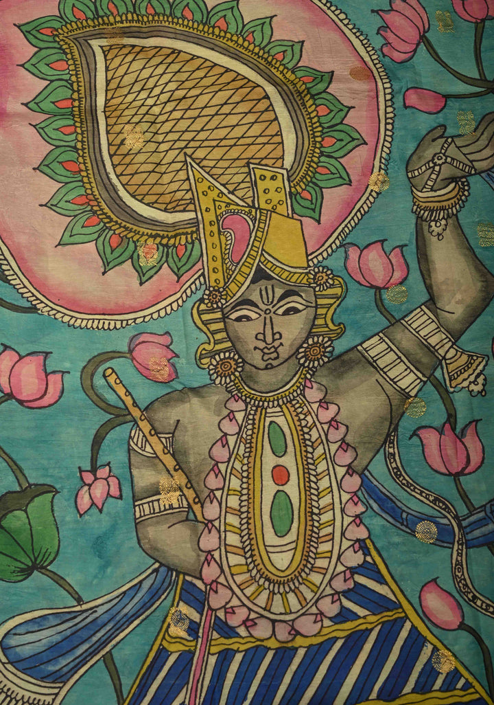 Pichwai and Srinathji  Authentic Pen Kalamkari on Pure Kanjivaram Silk Saree with Zari Border | SILK MARK CERTIFIED