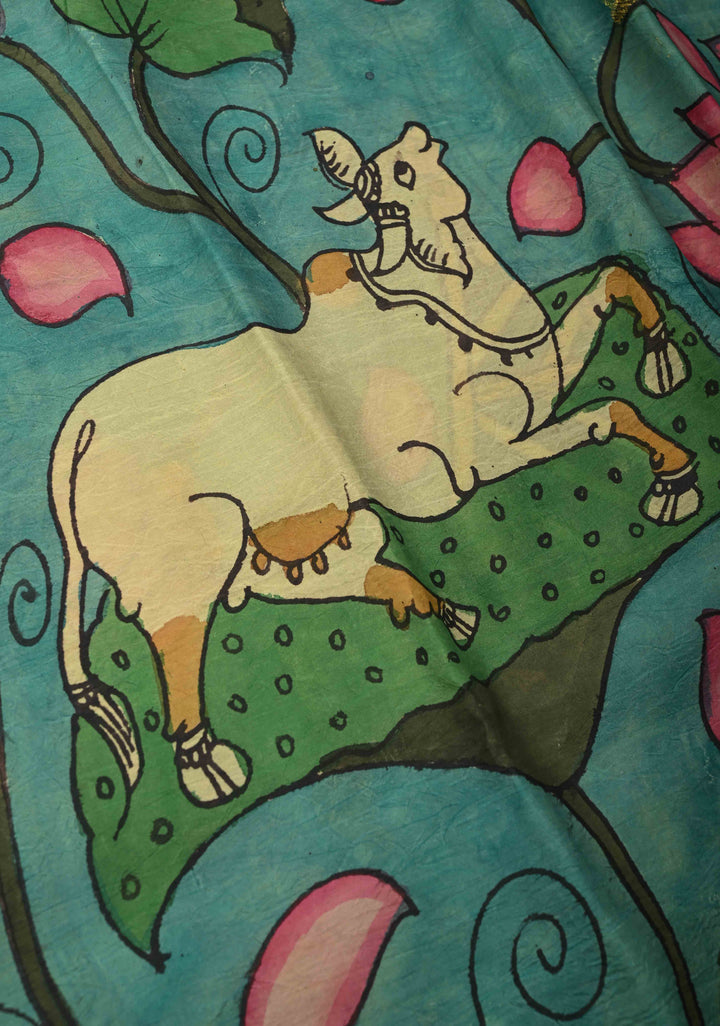 Pichwai and Srinathji  Authentic Pen Kalamkari on Pure Kanjivaram Silk Saree with Zari Border | SILK MARK CERTIFIED