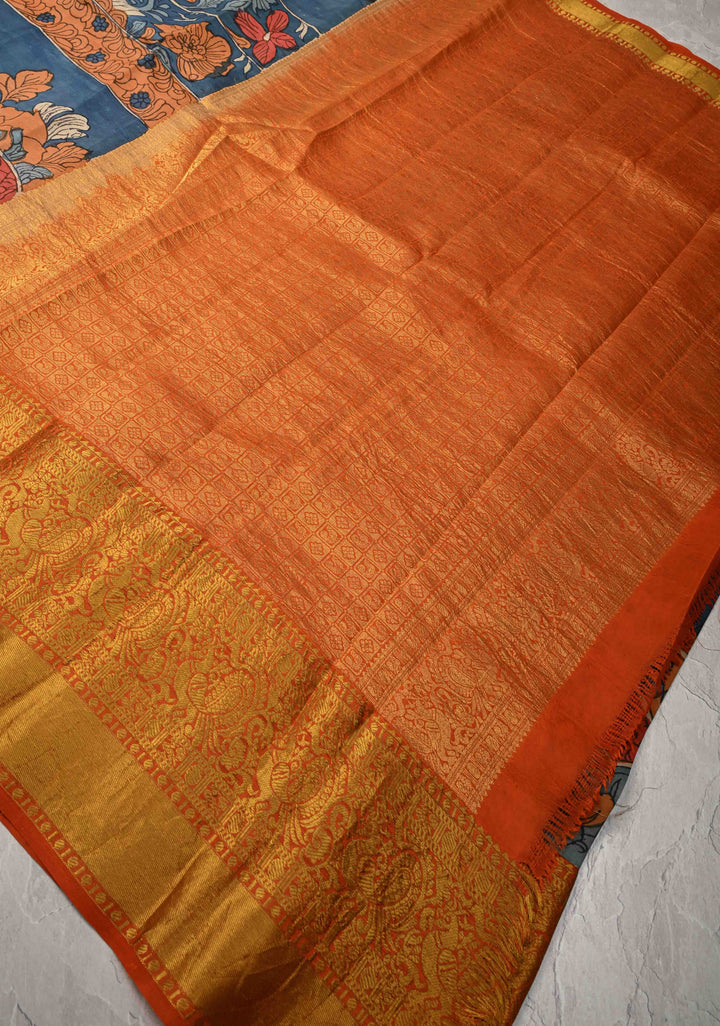 Jodhpur Blue Pottery design Authentic Pen Kalamkarion Pure Kanjivaram Silk Saree with Wide Orange Border | SILK MARK CERTIFIED