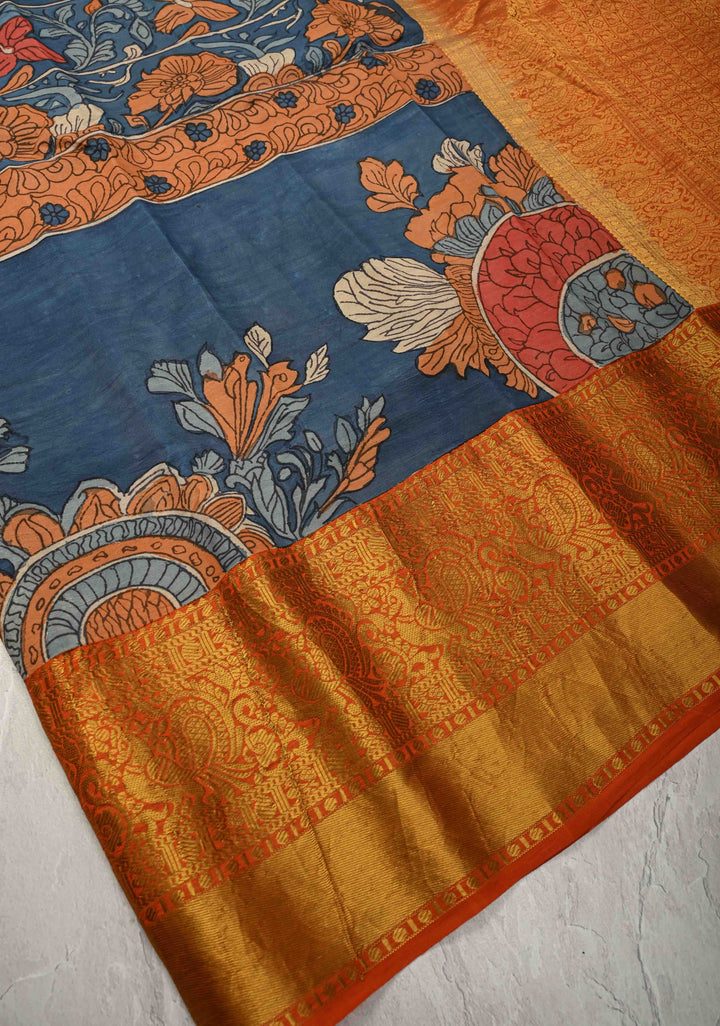 Jodhpur Blue Pottery design Authentic Pen Kalamkarion Pure Kanjivaram Silk Saree with Wide Orange Border | SILK MARK CERTIFIED