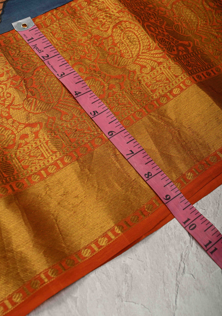 Jodhpur Blue Pottery design Authentic Pen Kalamkarion Pure Kanjivaram Silk Saree with Wide Orange Border | SILK MARK CERTIFIED