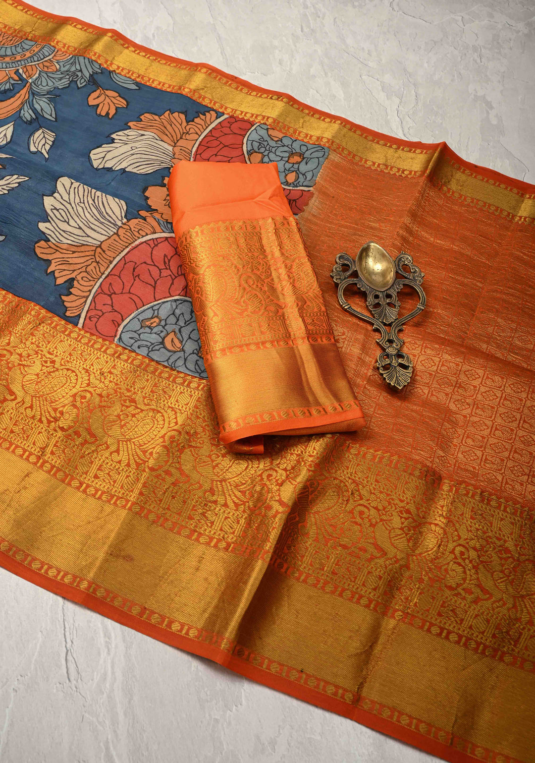 Jodhpur Blue Pottery design Authentic Pen Kalamkarion Pure Kanjivaram Silk Saree with Wide Orange Border | SILK MARK CERTIFIED