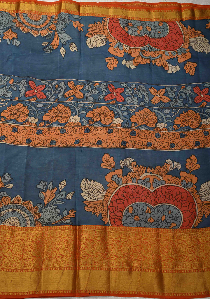 Jodhpur Blue Pottery design Authentic Pen Kalamkarion Pure Kanjivaram Silk Saree with Wide Orange Border | SILK MARK CERTIFIED