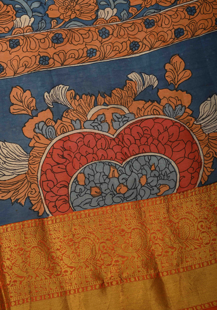 Jodhpur Blue Pottery design Authentic Pen Kalamkarion Pure Kanjivaram Silk Saree with Wide Orange Border | SILK MARK CERTIFIED