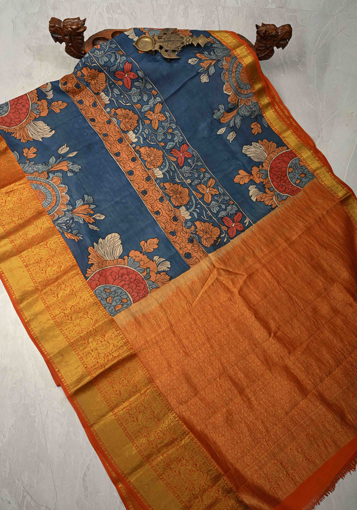 Jodhpur Blue Pottery design Authentic Pen Kalamkarion Pure Kanjivaram Silk Saree with Wide Orange Border | SILK MARK CERTIFIED