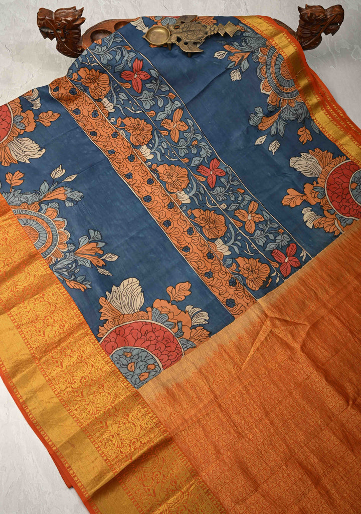 Jodhpur Blue Pottery design Authentic Pen Kalamkarion Pure Kanjivaram Silk Saree with Wide Orange Border | SILK MARK CERTIFIED