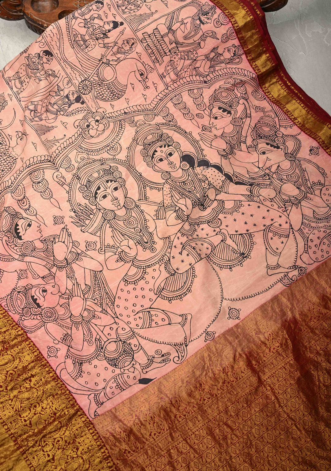 Unique Ramayana Theme and Rama Pattabishekam Pallu: Authentic Pen Kalamkari on Pure Kanjivaram Silk Saree Wide Zari Border | SILK MARK CERTIFIED