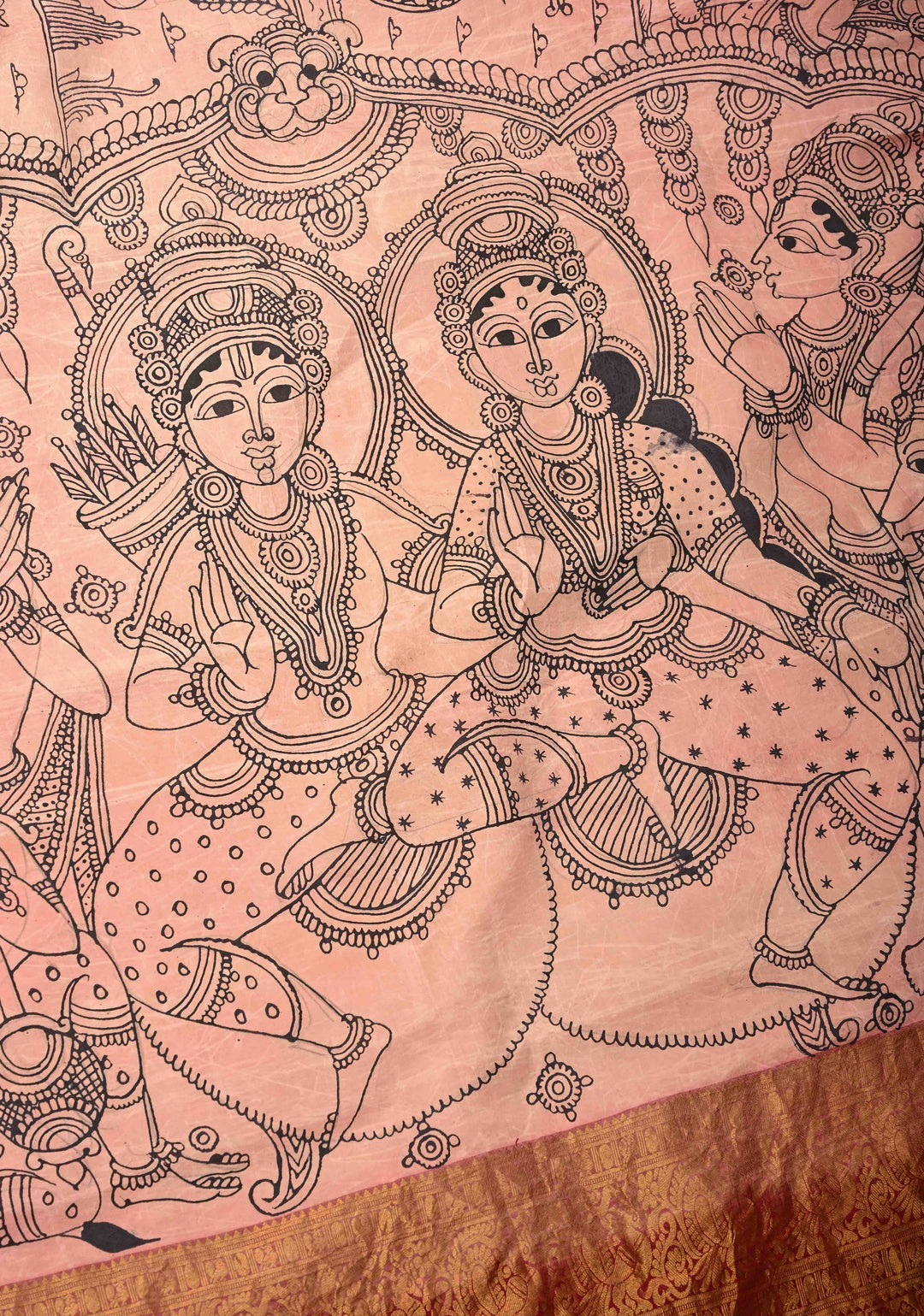Unique Ramayana Theme and Rama Pattabishekam Pallu: Authentic Pen Kalamkari on Pure Kanjivaram Silk Saree Wide Zari Border | SILK MARK CERTIFIED