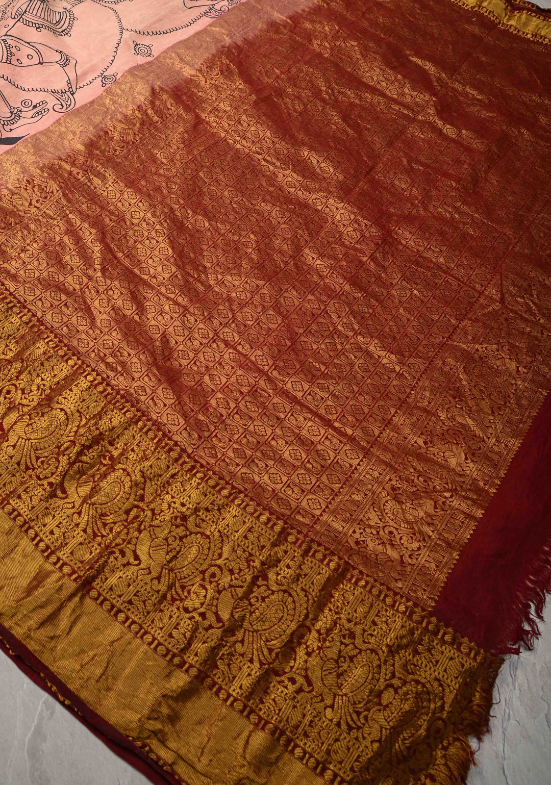 Unique Ramayana Theme and Rama Pattabishekam Pallu: Authentic Pen Kalamkari on Pure Kanjivaram Silk Saree Wide Zari Border | SILK MARK CERTIFIED