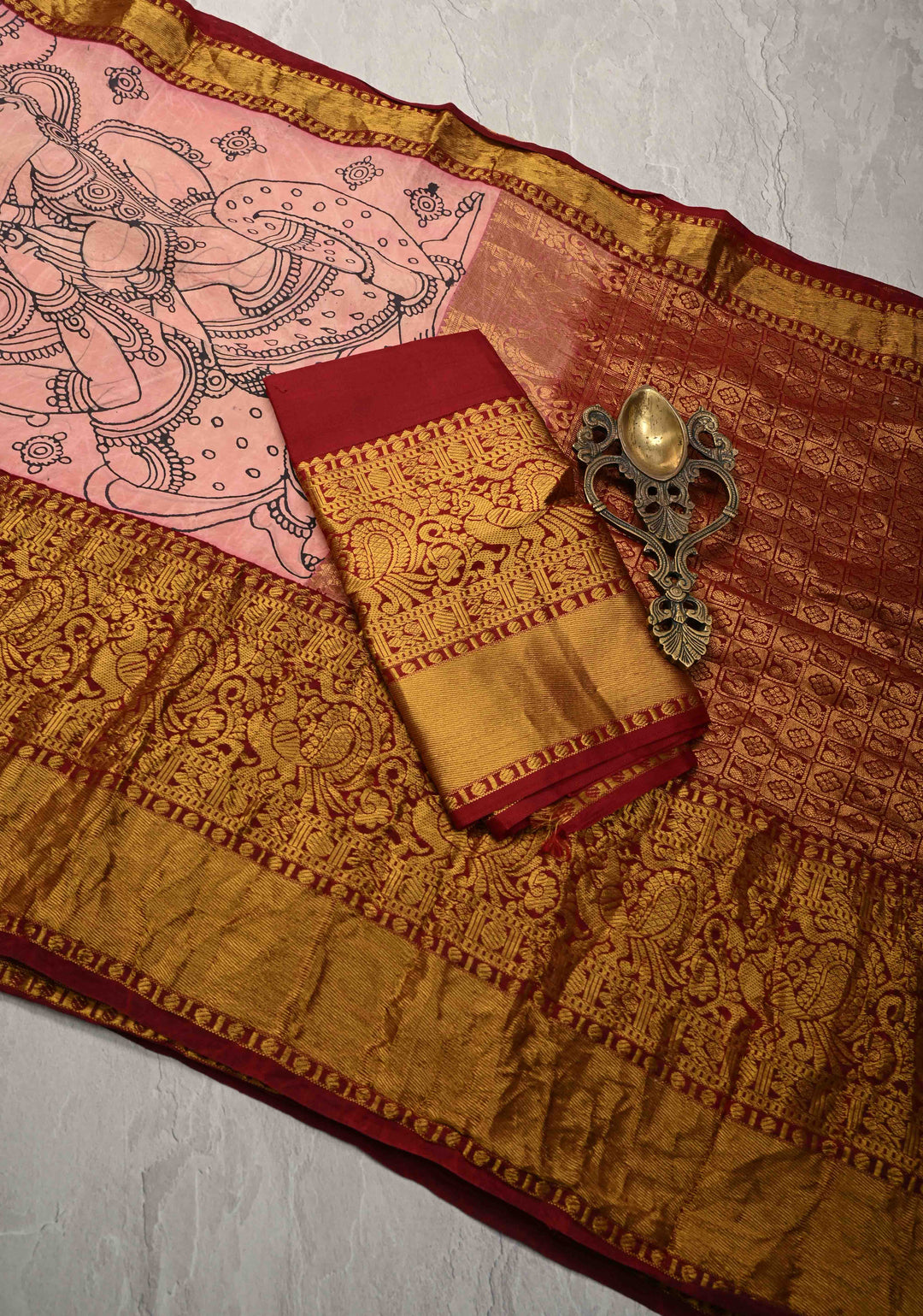 Unique Ramayana Theme and Rama Pattabishekam Pallu: Authentic Pen Kalamkari on Pure Kanjivaram Silk Saree Wide Zari Border | SILK MARK CERTIFIED