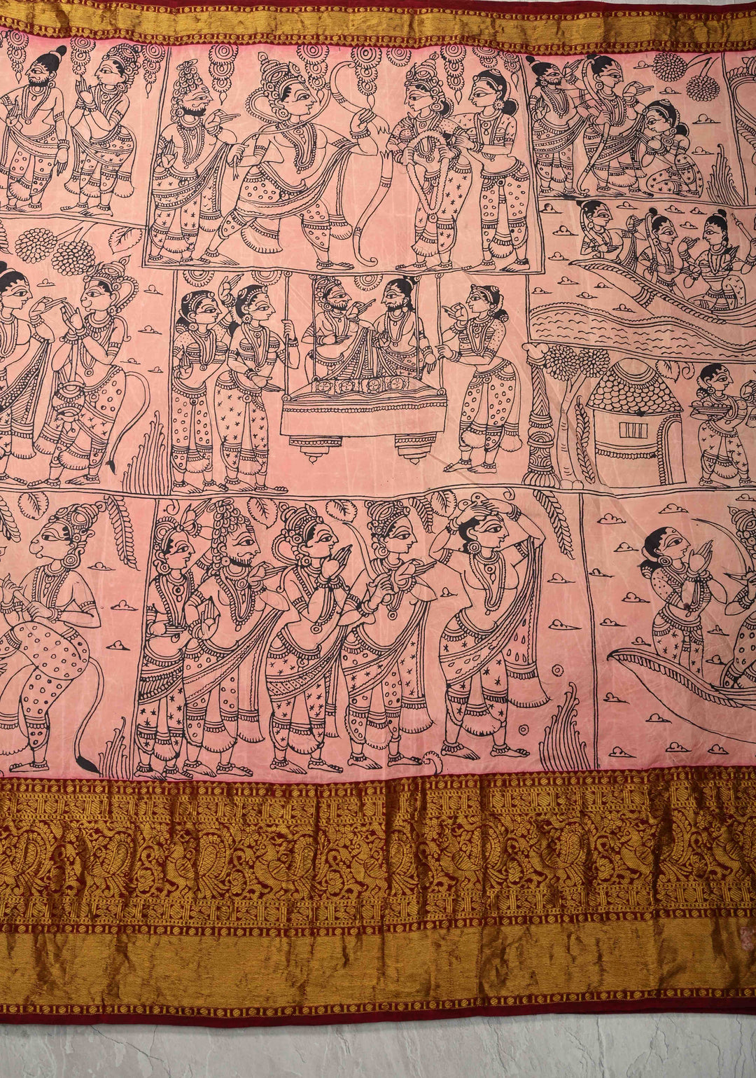 Unique Ramayana Theme and Rama Pattabishekam Pallu: Authentic Pen Kalamkari on Pure Kanjivaram Silk Saree Wide Zari Border | SILK MARK CERTIFIED