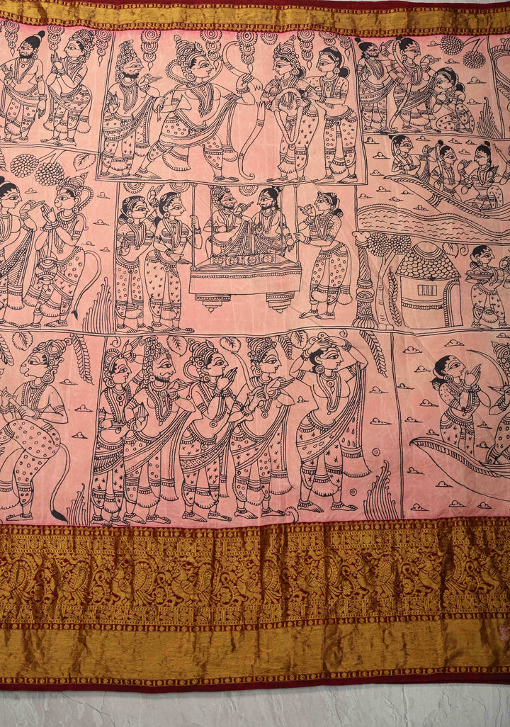 Unique Ramayana Theme and Rama Pattabishekam Pallu: Authentic Pen Kalamkari on Pure Kanjivaram Silk Saree Wide Zari Border | SILK MARK CERTIFIED