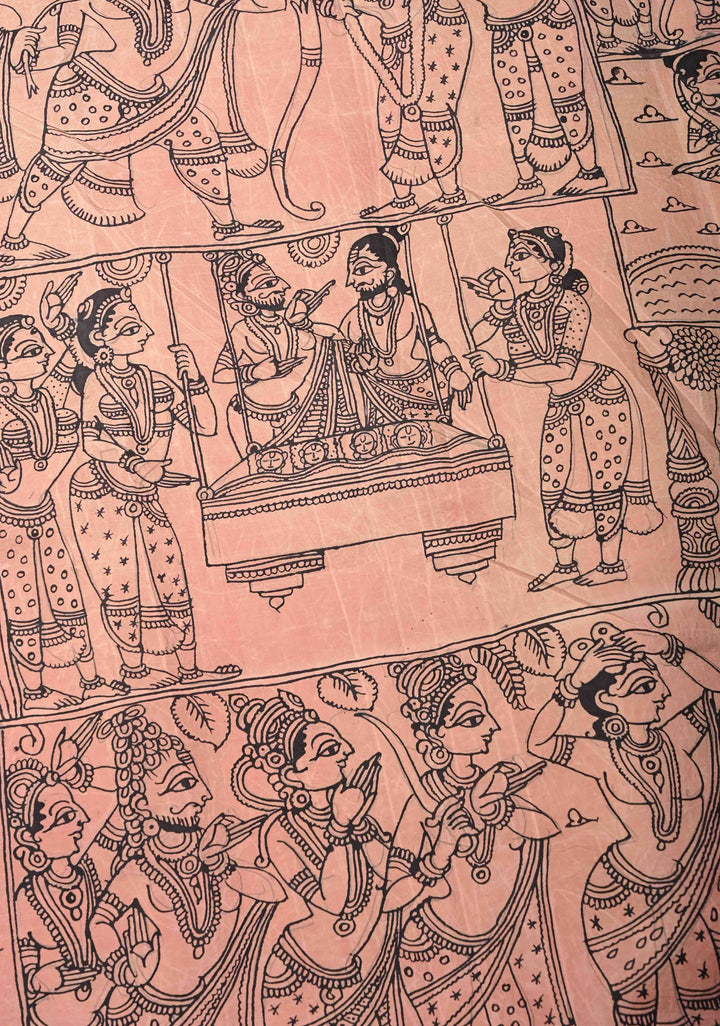 Unique Ramayana Theme and Rama Pattabishekam Pallu: Authentic Pen Kalamkari on Pure Kanjivaram Silk Saree Wide Zari Border | SILK MARK CERTIFIED