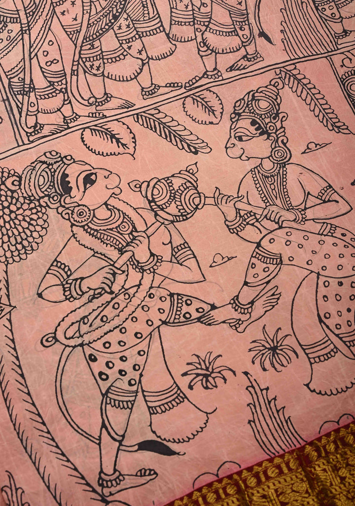 Unique Ramayana Theme and Rama Pattabishekam Pallu: Authentic Pen Kalamkari on Pure Kanjivaram Silk Saree Wide Zari Border | SILK MARK CERTIFIED