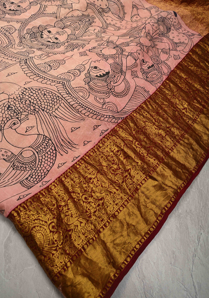 Unique Ramayana Theme and Rama Pattabishekam Pallu: Authentic Pen Kalamkari on Pure Kanjivaram Silk Saree Wide Zari Border | SILK MARK CERTIFIED