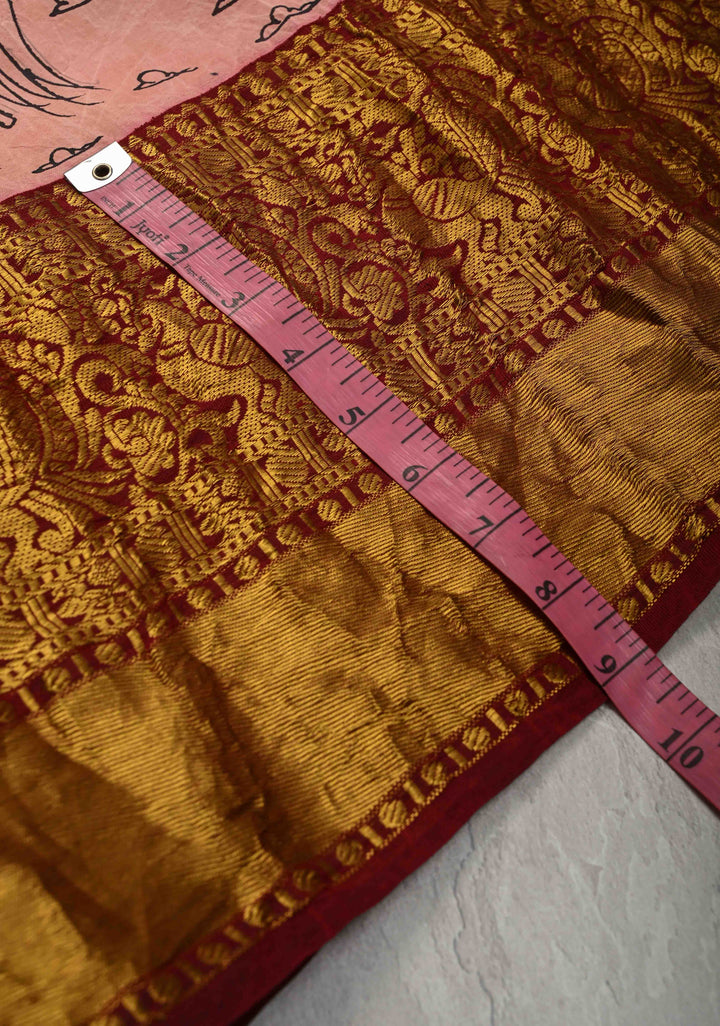 Unique Ramayana Theme and Rama Pattabishekam Pallu: Authentic Pen Kalamkari on Pure Kanjivaram Silk Saree Wide Zari Border | SILK MARK CERTIFIED