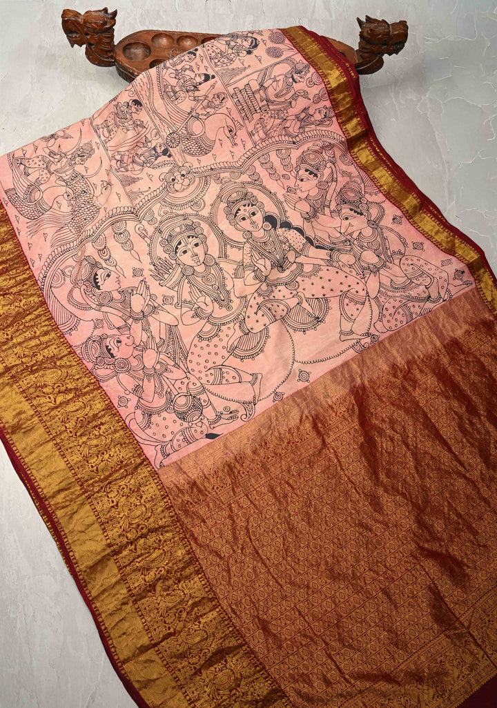 Unique Ramayana Theme and Rama Pattabishekam Pallu: Authentic Pen Kalamkari on Pure Kanjivaram Silk Saree Wide Zari Border | SILK MARK CERTIFIED