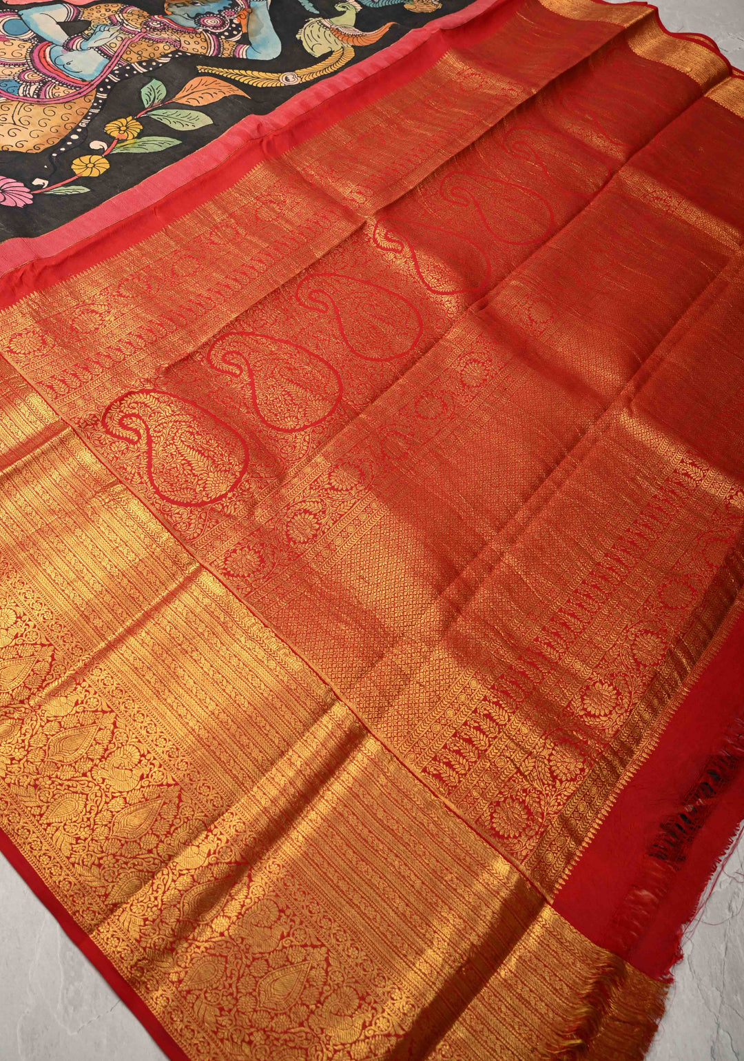 Musician and Dancer Theme : Black Authentic Pen Kalamkari on Pure Kanjivaram Silk Saree with Zari Border | SILK MARK CERTIFIED