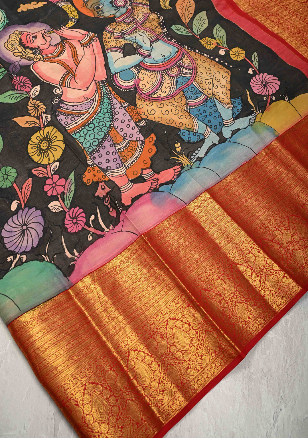 Musician and Dancer Theme : Black Authentic Pen Kalamkari on Pure Kanjivaram Silk Saree with Zari Border | SILK MARK CERTIFIED