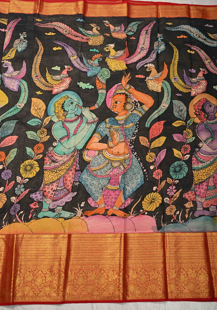 Musician and Dancer Theme : Black Authentic Pen Kalamkari on Pure Kanjivaram Silk Saree with Zari Border | SILK MARK CERTIFIED