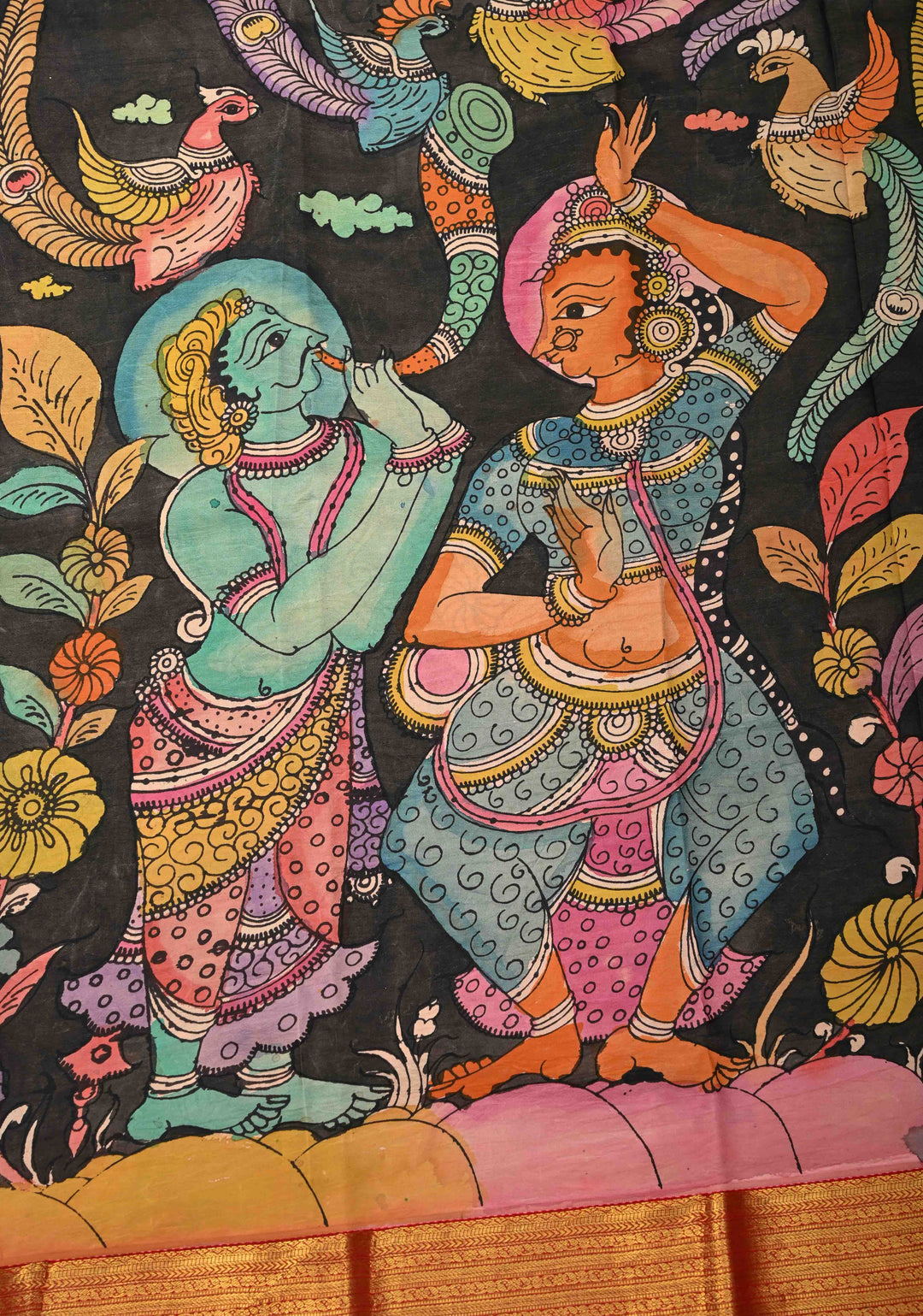 Musician and Dancer Theme : Black Authentic Pen Kalamkari on Pure Kanjivaram Silk Saree with Zari Border | SILK MARK CERTIFIED