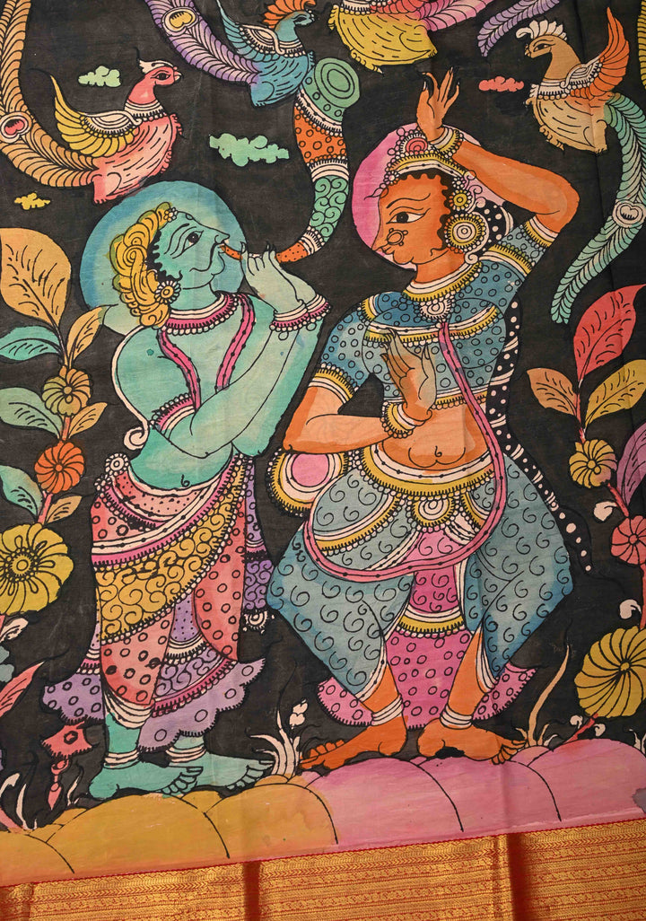 Musician and Dancer Theme : Black Authentic Pen Kalamkari on Pure Kanjivaram Silk Saree with Zari Border | SILK MARK CERTIFIED