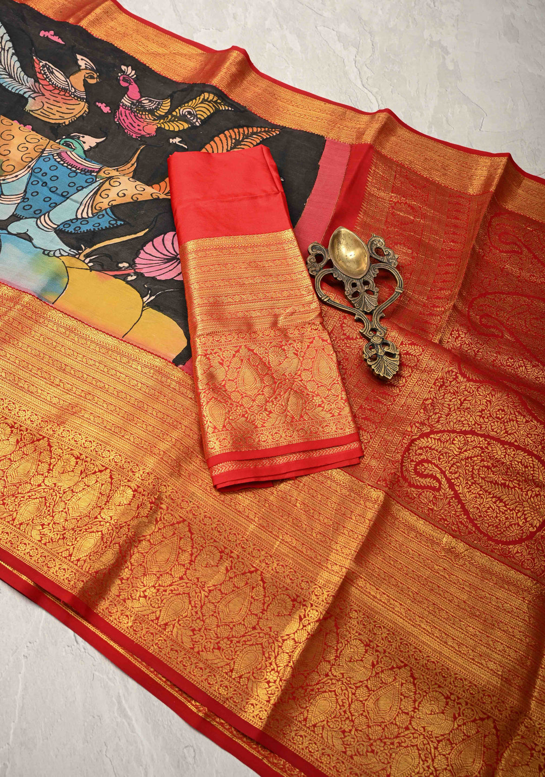 Musician and Dancer Theme : Black Authentic Pen Kalamkari on Pure Kanjivaram Silk Saree with Zari Border | SILK MARK CERTIFIED