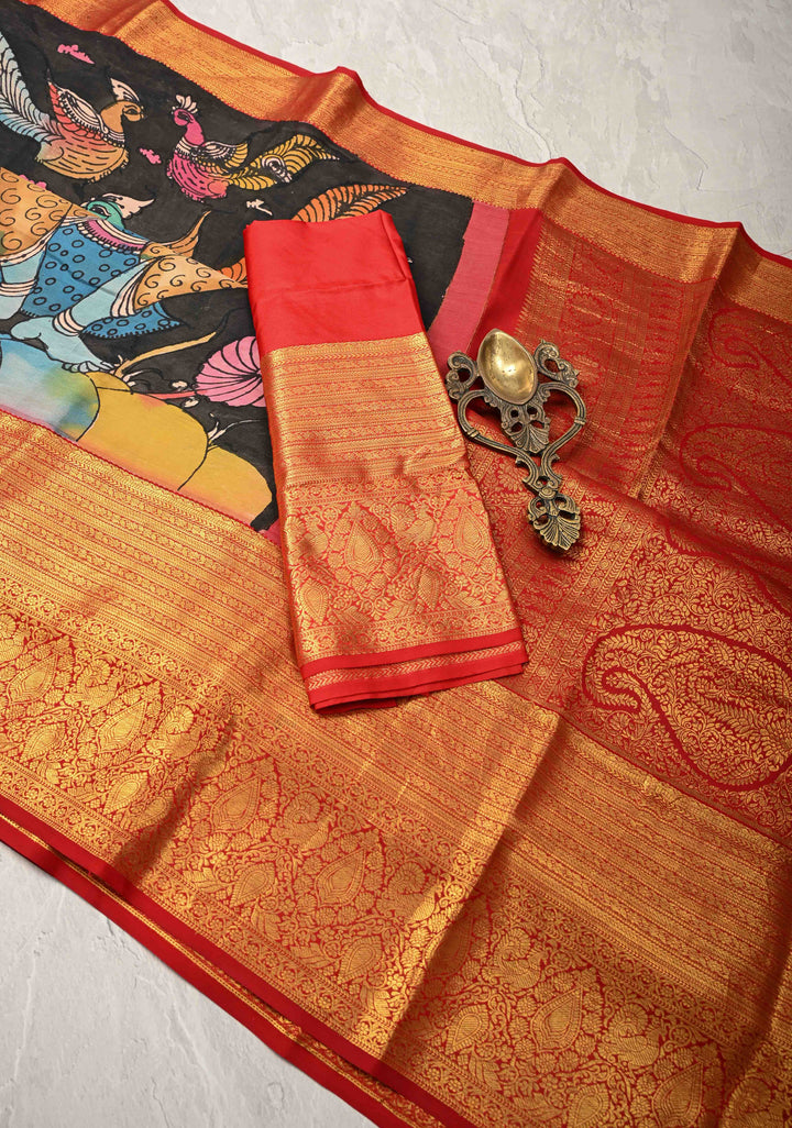 Musician and Dancer Theme : Black Authentic Pen Kalamkari on Pure Kanjivaram Silk Saree with Zari Border | SILK MARK CERTIFIED