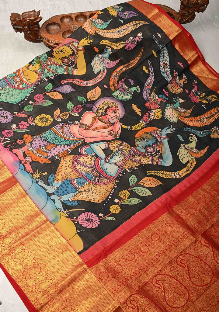 Musician and Dancer Theme : Black Authentic Pen Kalamkari on Pure Kanjivaram Silk Saree with Zari Border | SILK MARK CERTIFIED
