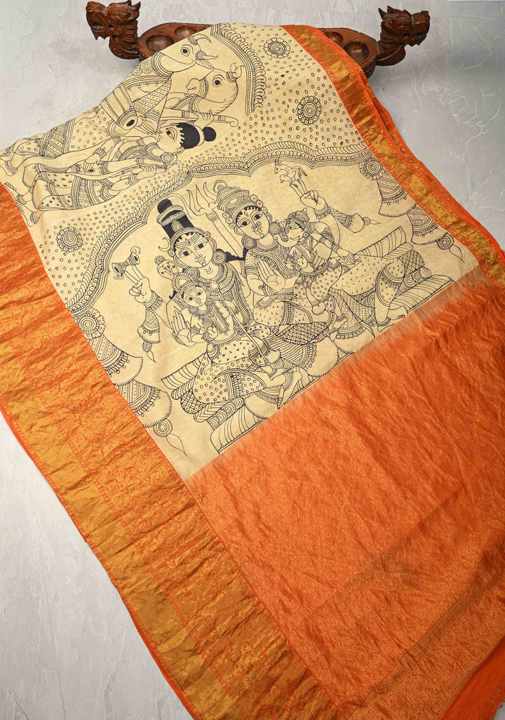 Stunning Gowri Kalyanam - Authentic Pen Kalamkari on Pure Kanjivaram Silk Saree with Zari Border | SILK MARK CERTIFIED