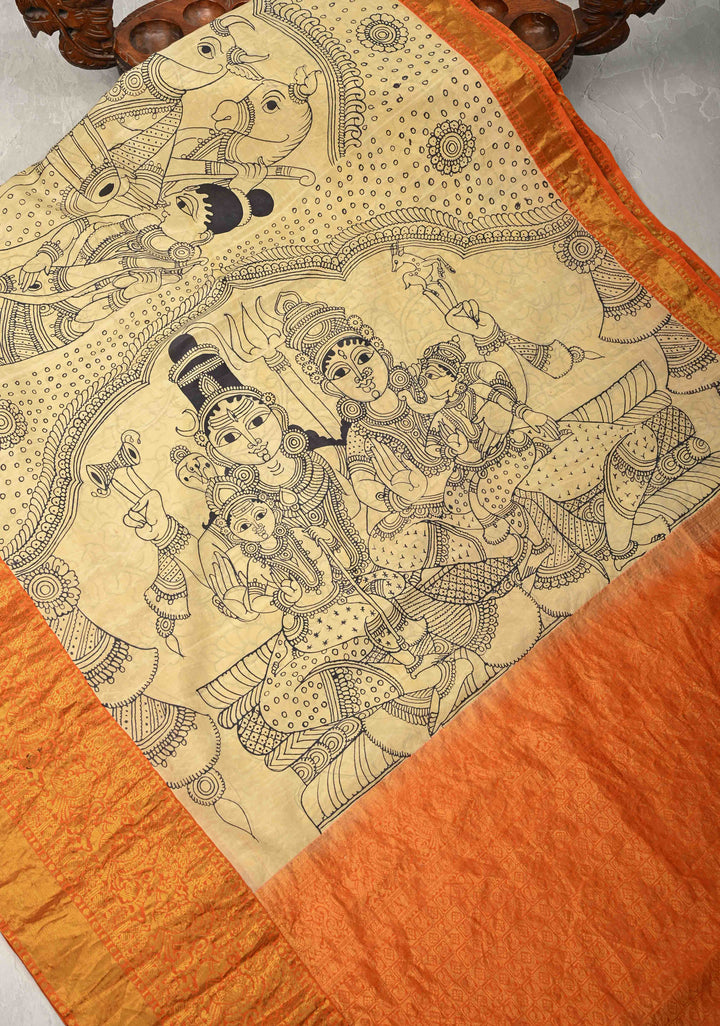 Stunning Gowri Kalyanam - Authentic Pen Kalamkari on Pure Kanjivaram Silk Saree with Zari Border | SILK MARK CERTIFIED