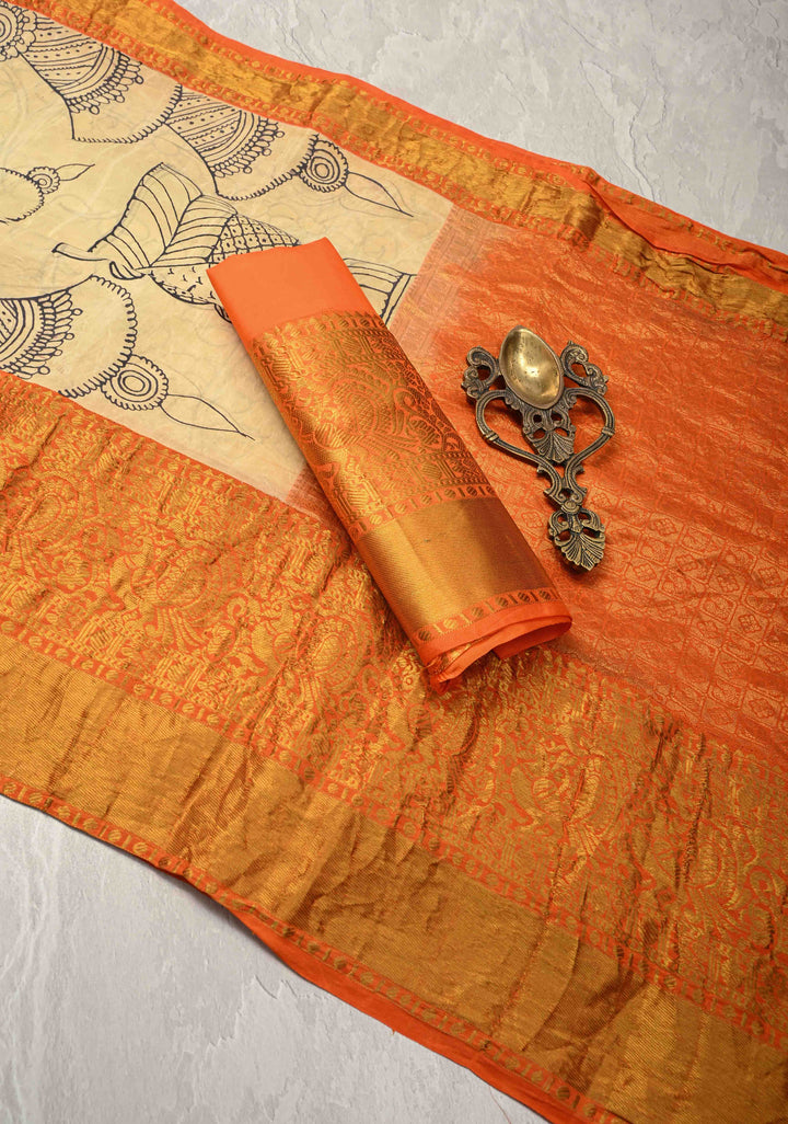Stunning Gowri Kalyanam - Authentic Pen Kalamkari on Pure Kanjivaram Silk Saree with Zari Border | SILK MARK CERTIFIED