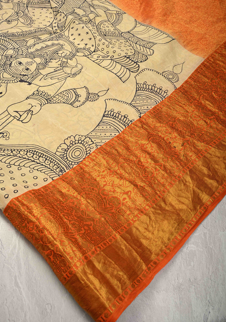 Stunning Gowri Kalyanam - Authentic Pen Kalamkari on Pure Kanjivaram Silk Saree with Zari Border | SILK MARK CERTIFIED