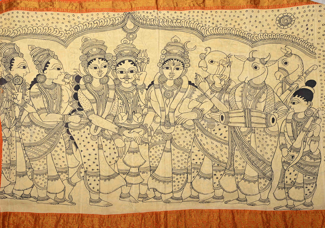 Stunning Gowri Kalyanam - Authentic Pen Kalamkari on Pure Kanjivaram Silk Saree with Zari Border | SILK MARK CERTIFIED